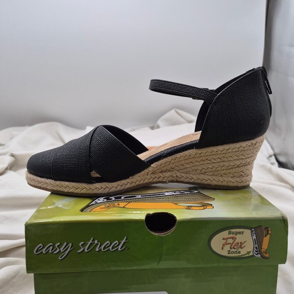 NEW Easy Street Coast Black Linen Zipper Ankle Strap Espadrille Wedge Sandal 7.5 - Picture 2 of 7